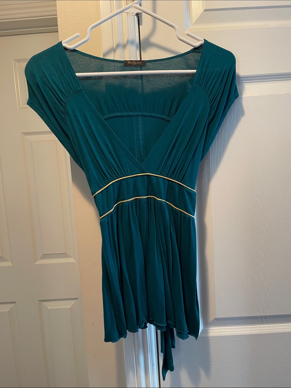 Teal Short Sleeve Wrap-Style Blouse with Gold Trim